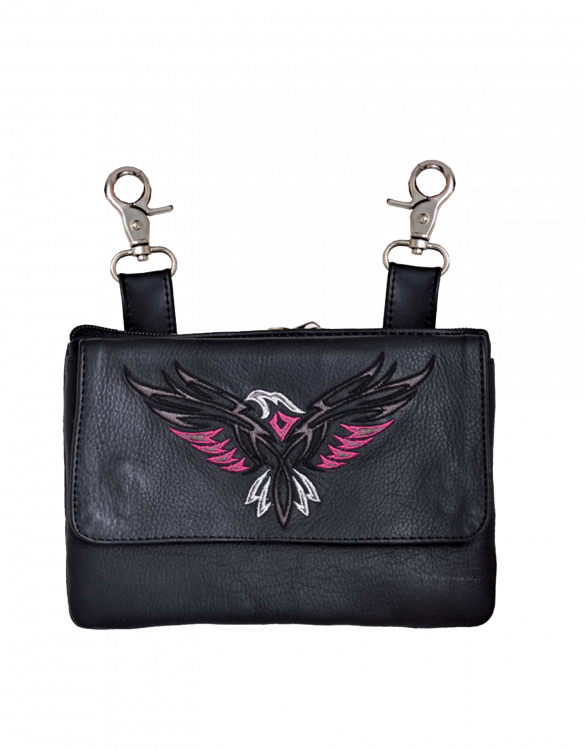 Leather Belt Bag Hip Purse Embroidered Eagle Silver Pink