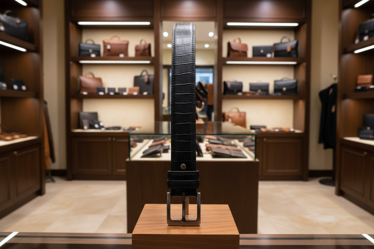 Men's Black Crocodile Embossed Leather Belt