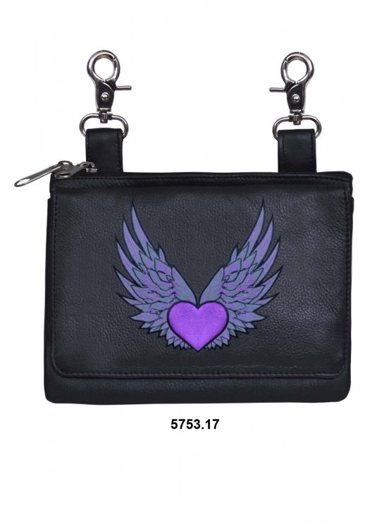 Leather Belt Bag Hip Purse Embroidered Purple Angel Heart