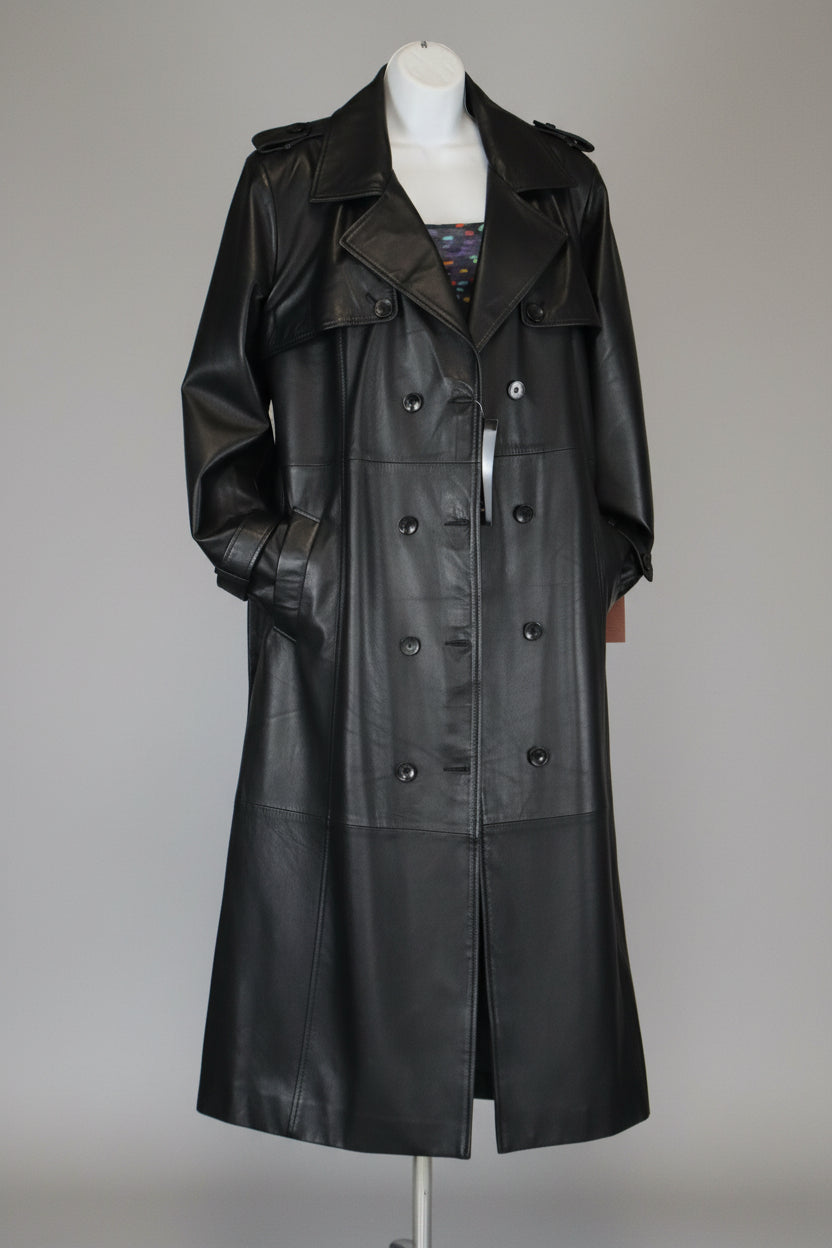 Women Leather black long trench coat