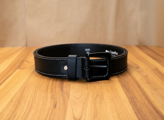 men jean belt with white stitched