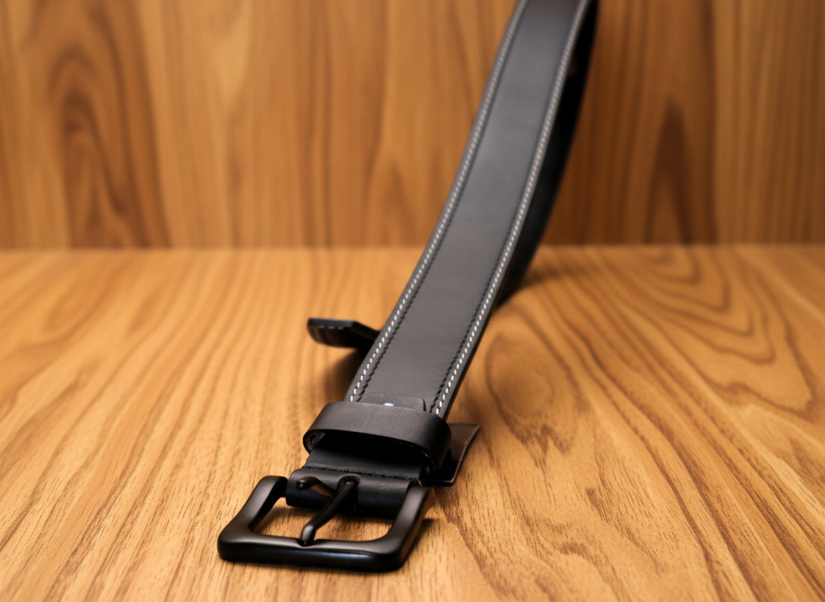 men jean belt with white stitched