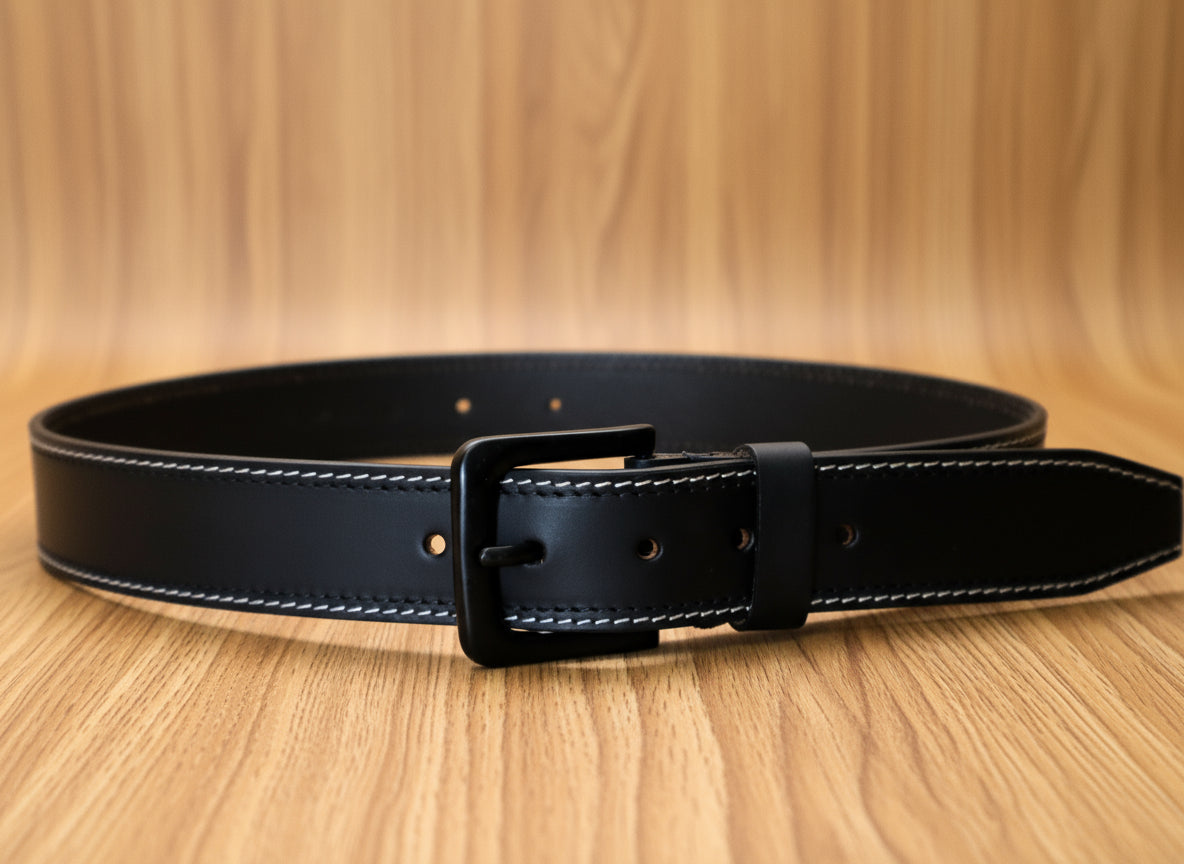 men jean belt with white stitched