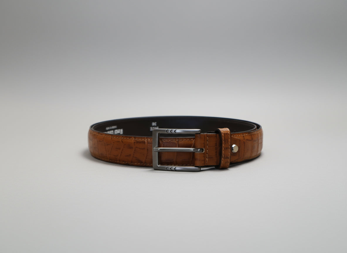 men  whiskey brown leather belt with crocdile  print design