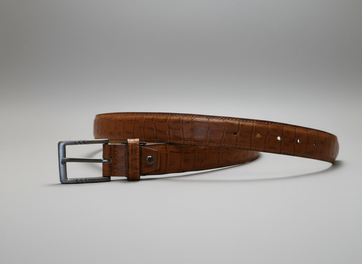 men  whiskey brown leather belt with crocdile  print design