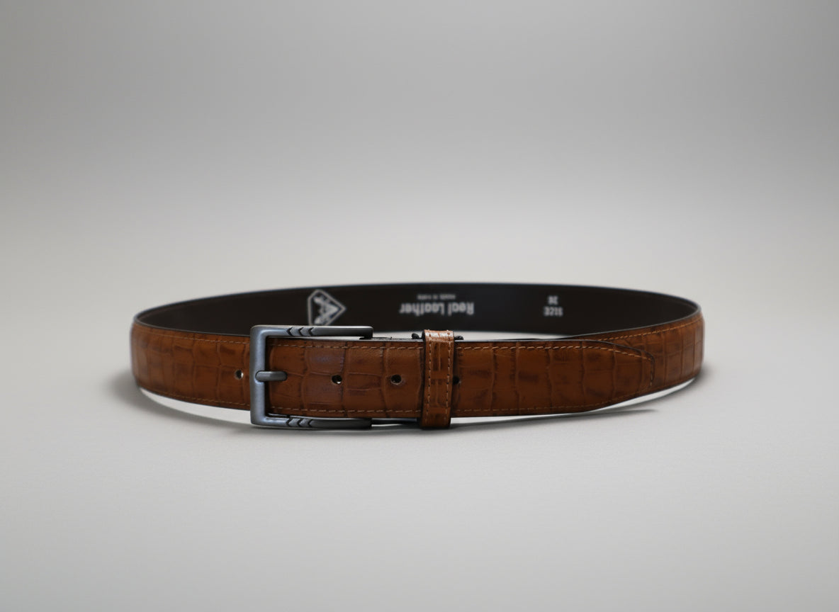 men  whiskey brown leather belt with crocdile  print design