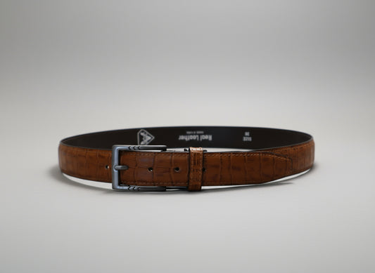 men  whiskey brown leather belt with crocdile  print design