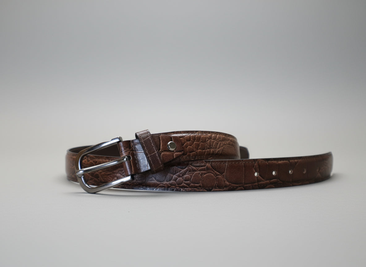 men brown leather belt with texture design
