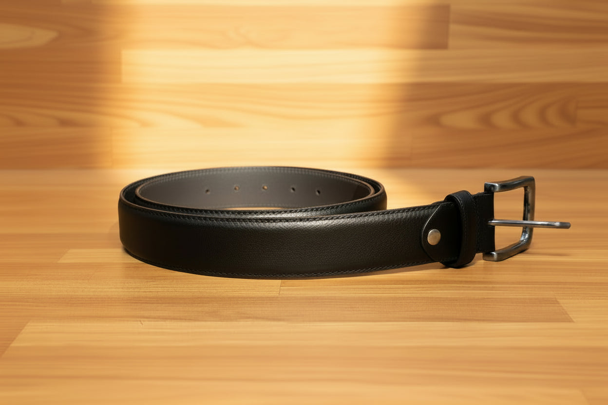 Men’s Matt Black Leather Portfolio Belt - Handcrafted Full-Grain