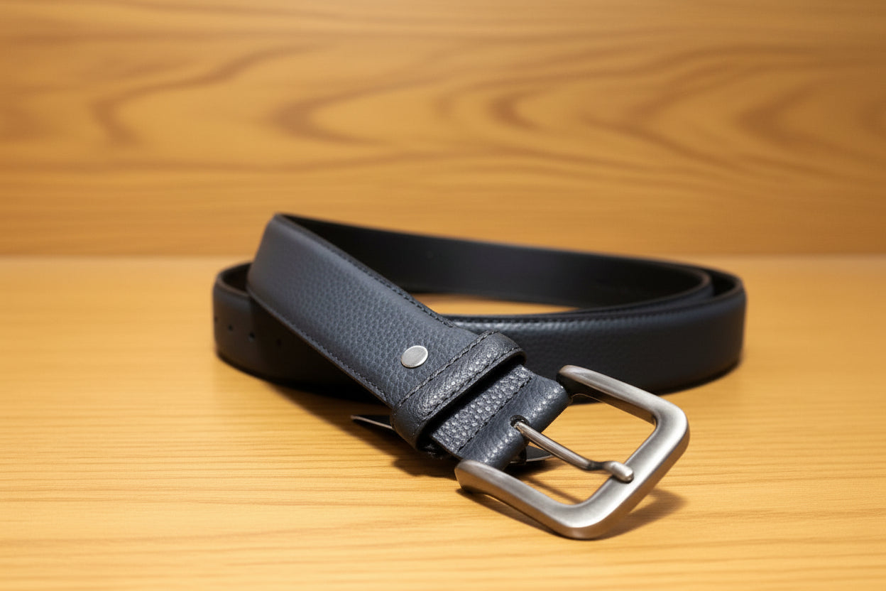 Men’s Matt Black Leather Portfolio Belt - Handcrafted Full-Grain