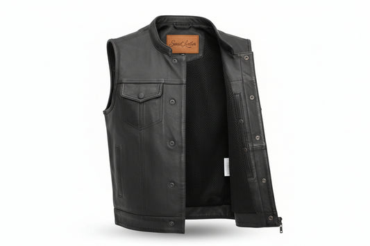 Men’s Premium Black Leather Vest - Custom Top Stitch & Lining Option