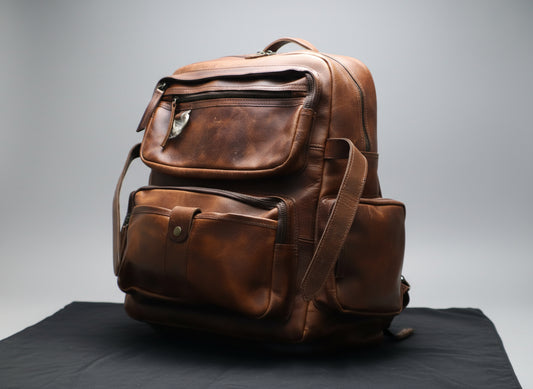 brown leather backpack