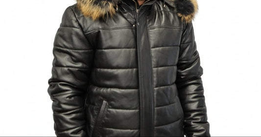 men Leather Bomber Jacket  with removable Fur and  hood