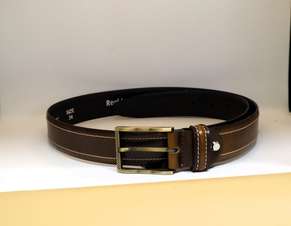 men leather belt with beige stitched edges