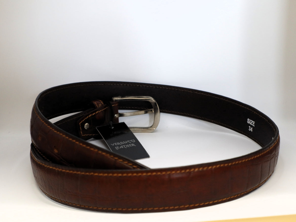 men textured leather brown crackele print belt
