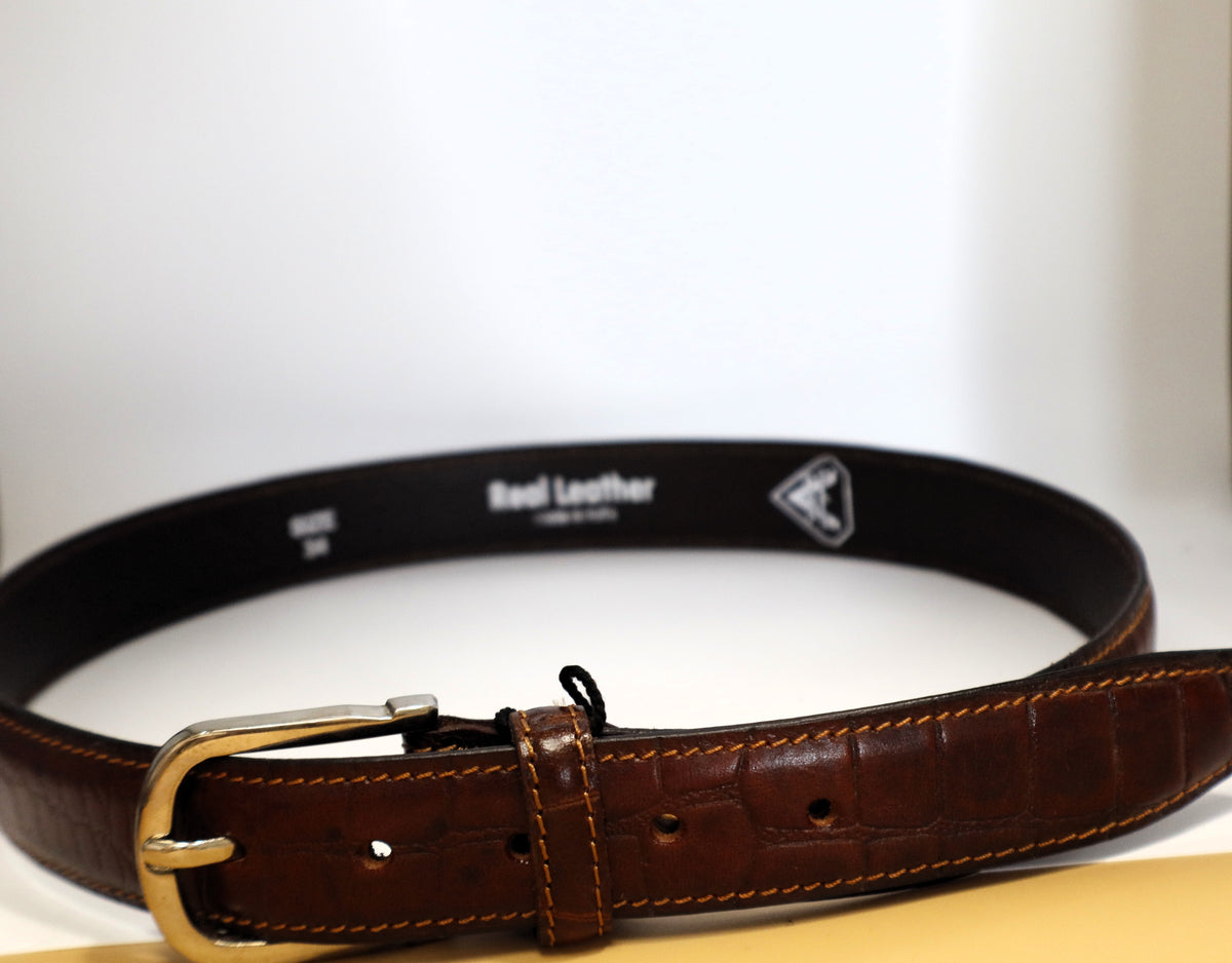 men textured leather brown crackele print belt