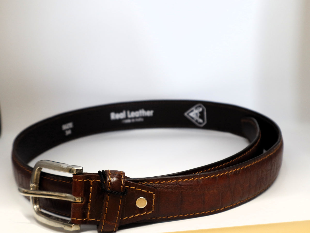 men textured leather brown crackele print belt