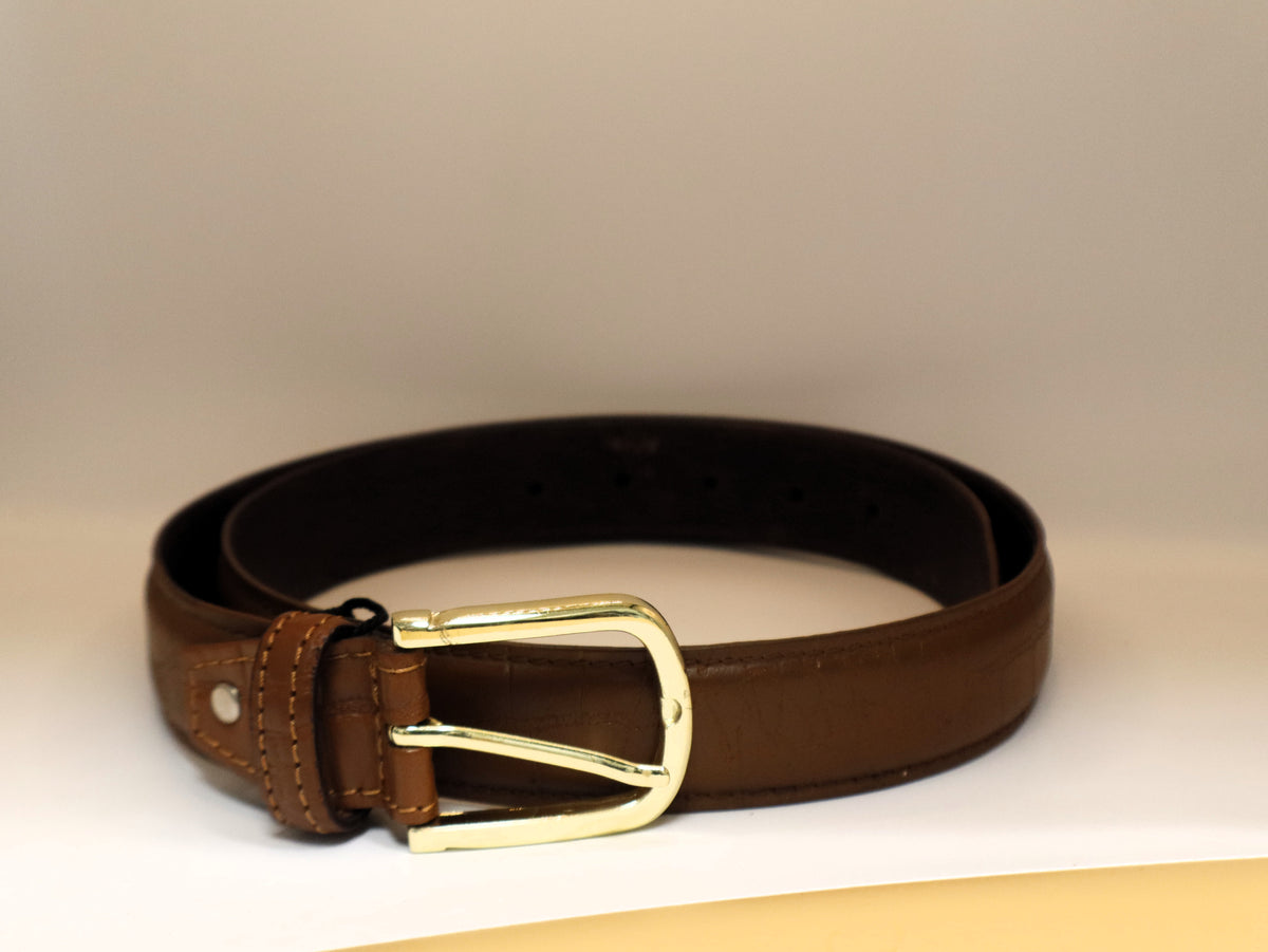 brown leather belt goldish buckle