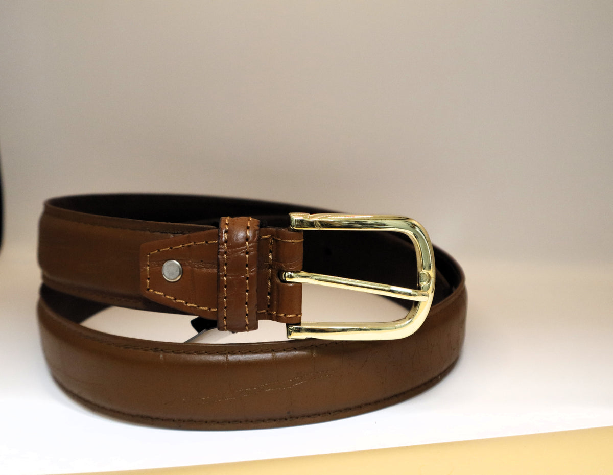 brown leather belt goldish buckle