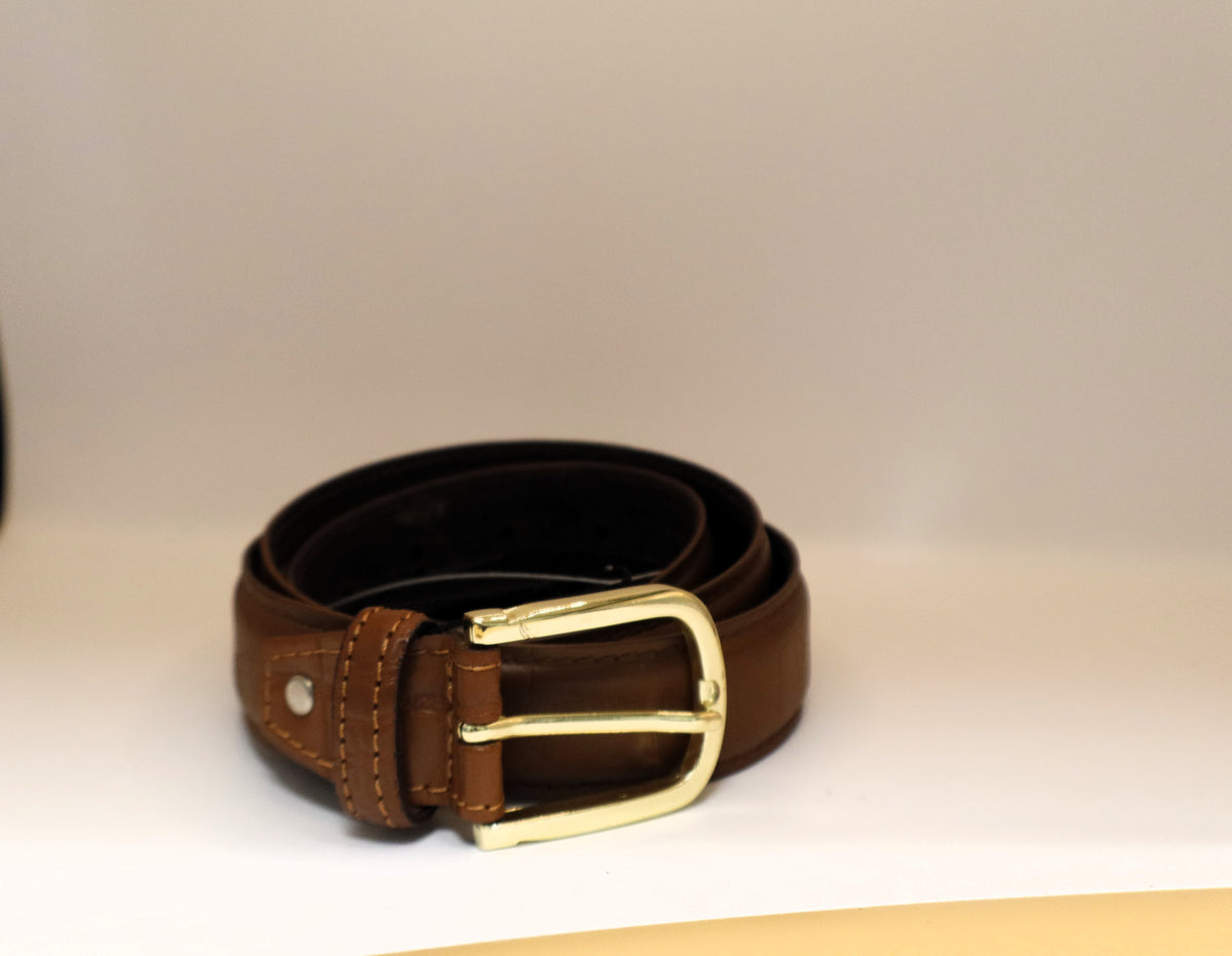 brown leather belt goldish buckle
