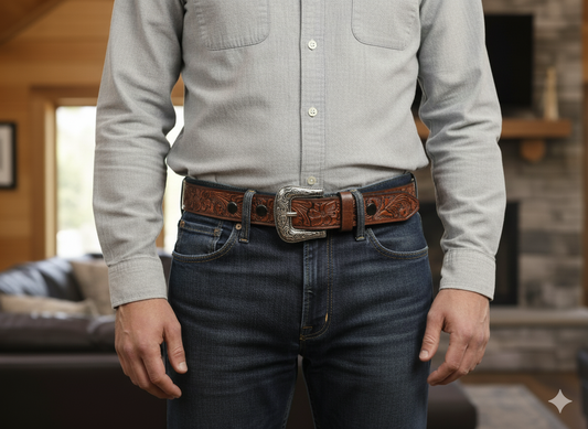 Mens Coffee Brown Floral Embossed Western Leather Belt