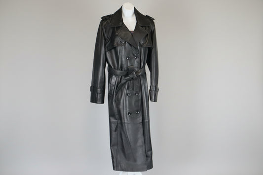 Women Leather black long trench coat