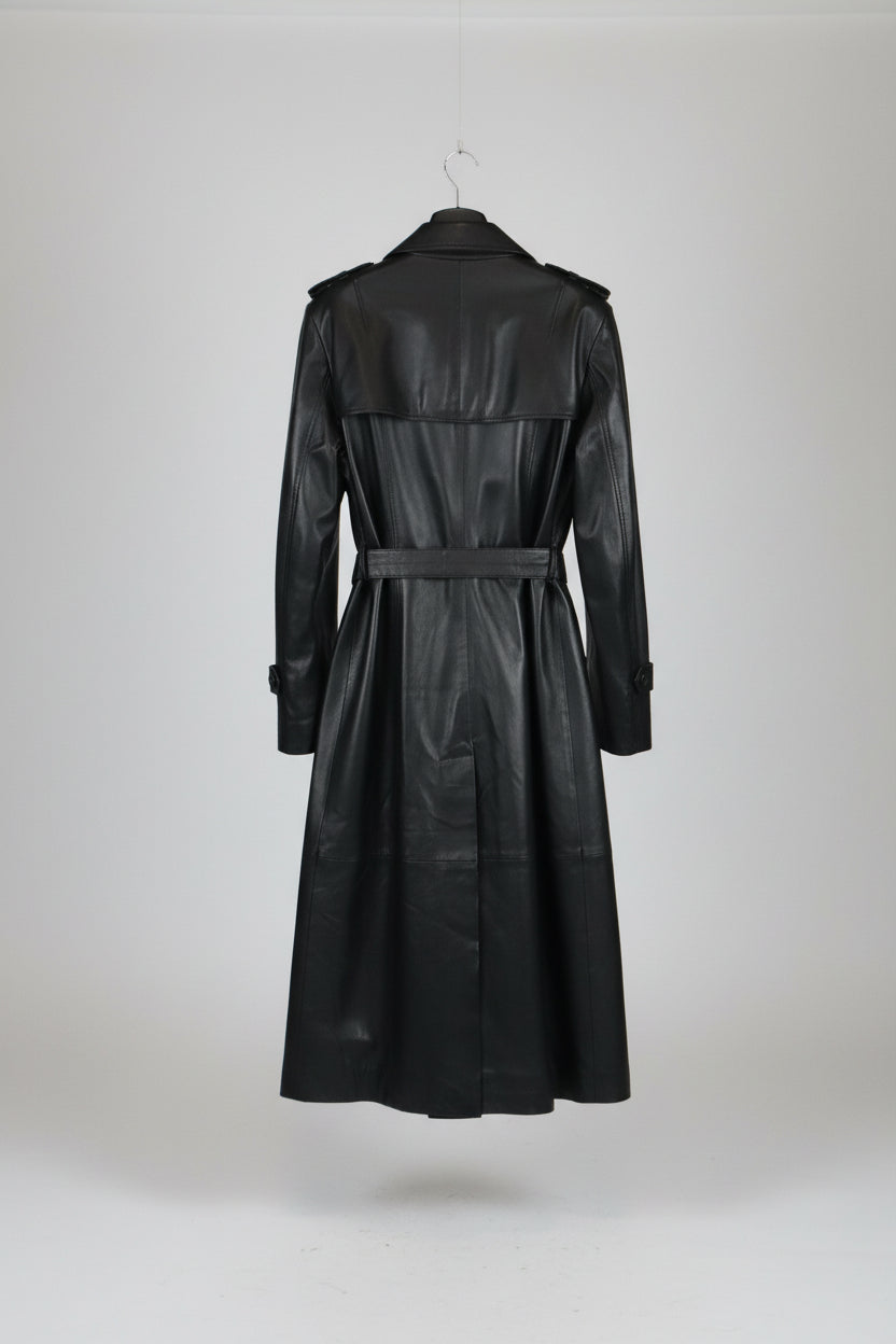 Women Leather black long trench coat
