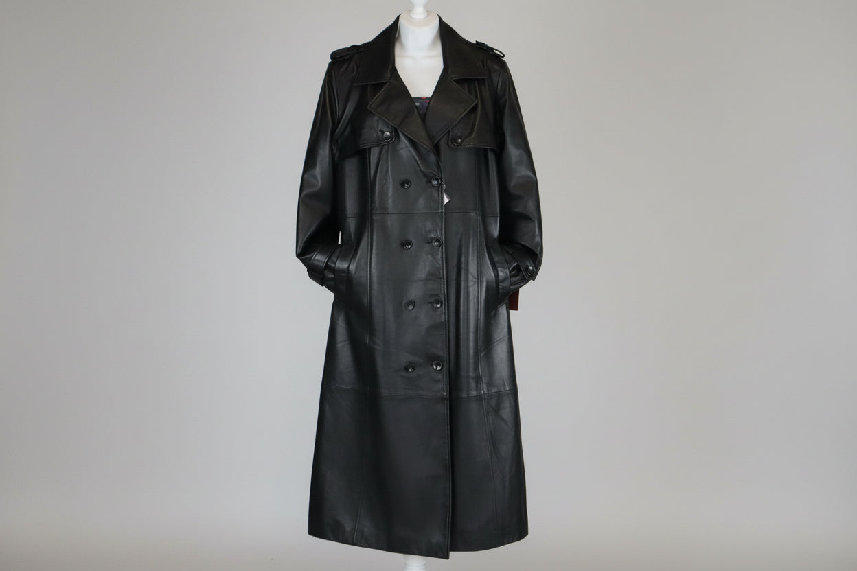 Women Leather black long trench coat