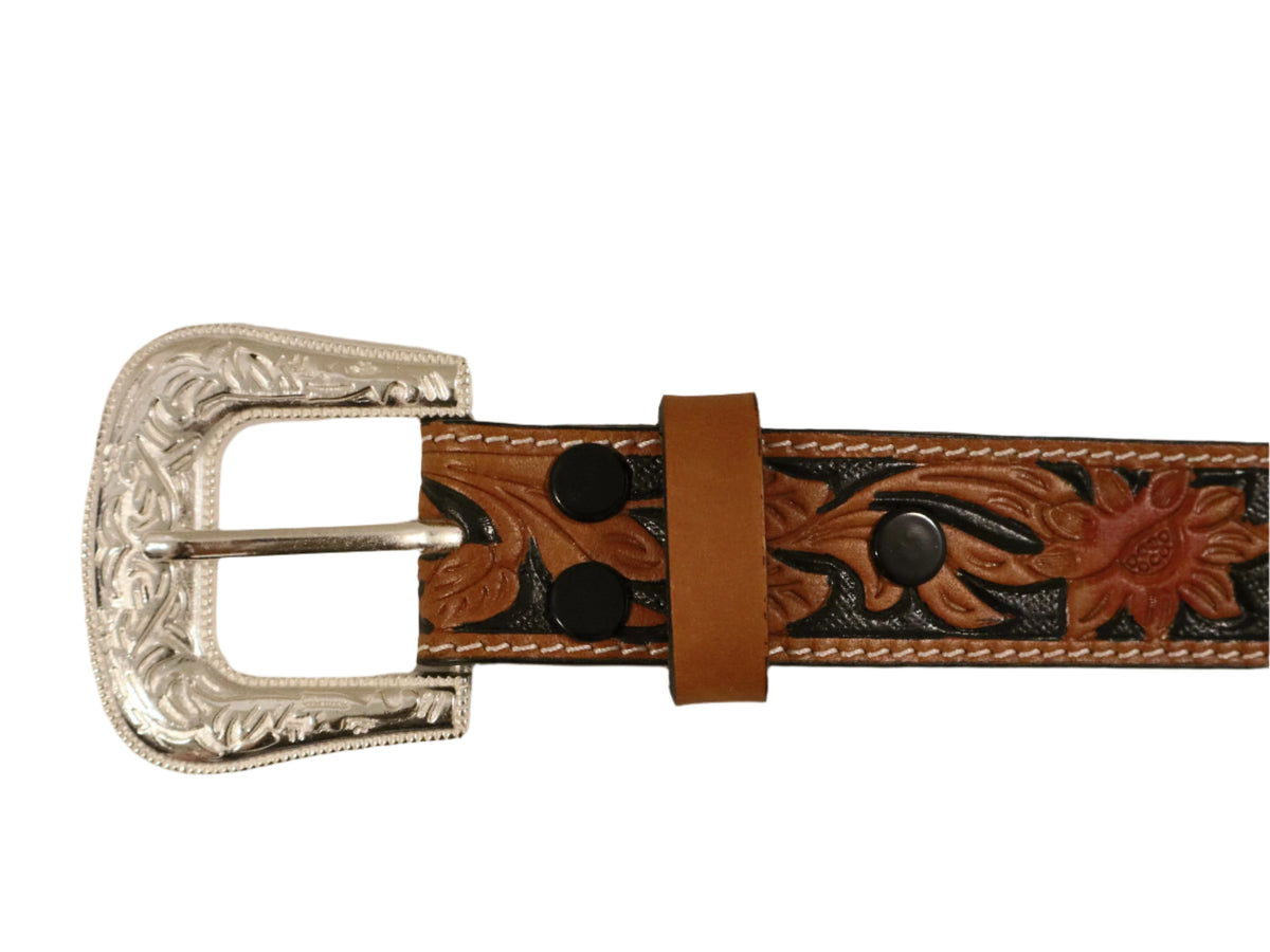 5885 Bs220 Western Floral Engraved Embossed Tooled Genuine Leather Belt Men main image 3