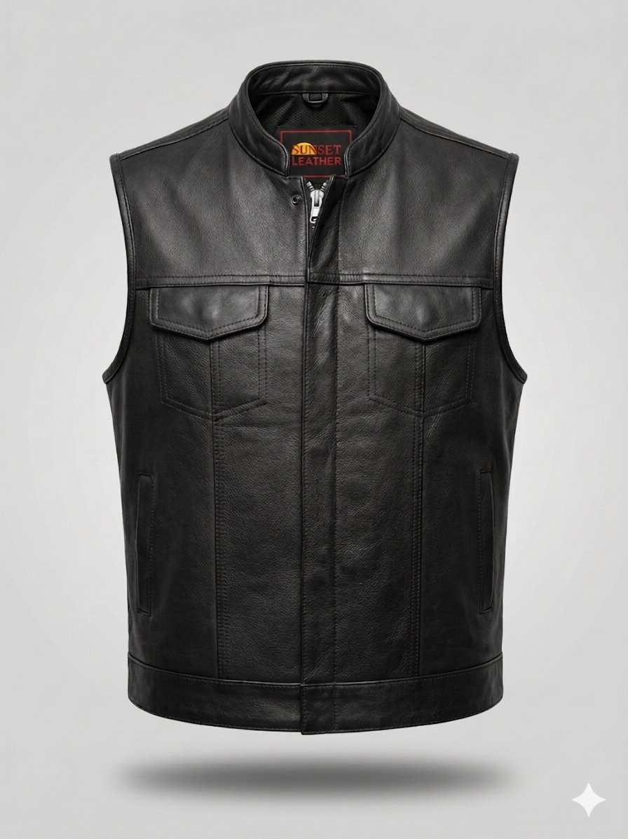 Men’s Premium Black Leather Vest - Custom Top Stitch & Lining Option