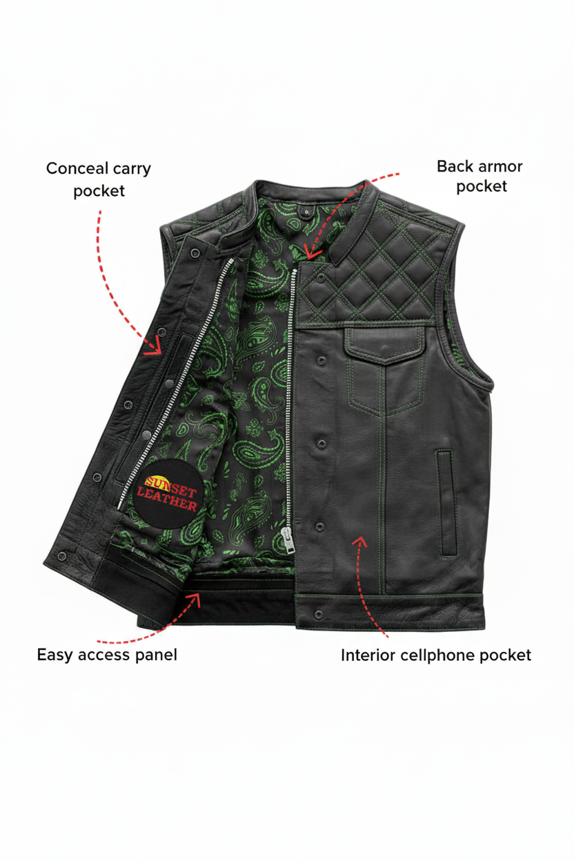 Green Lining Vest - Sunset Leather Logo