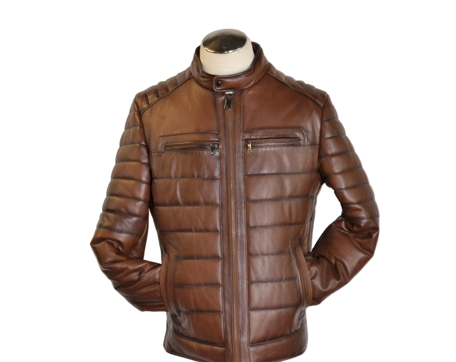 Men Slim Fit Leather Jacket With Low Stand Collar -SUNSET LEATHER ...