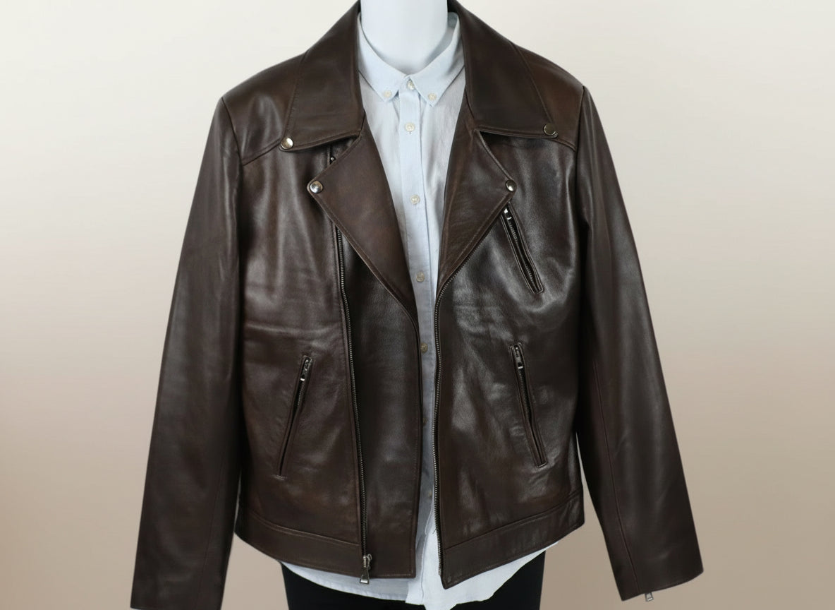 men biker style brown leather jacket
