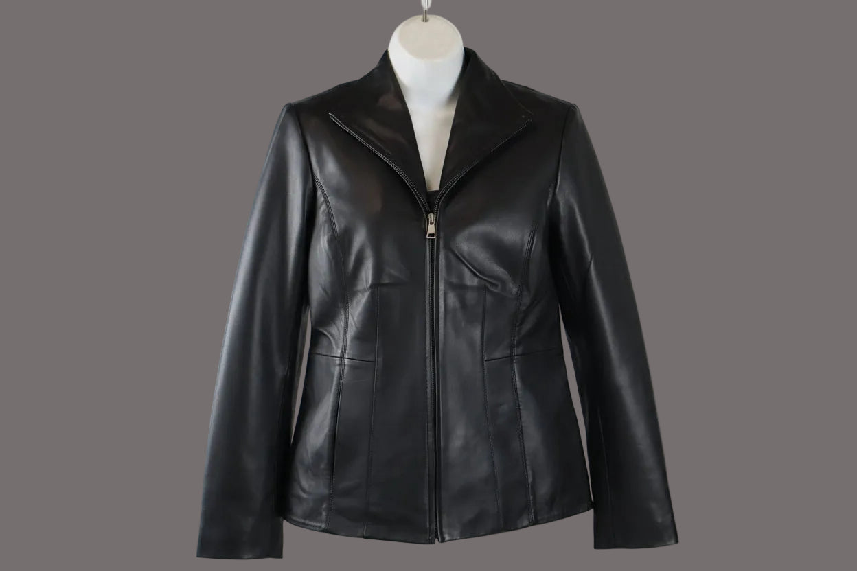 women funnel collar leather jacket
