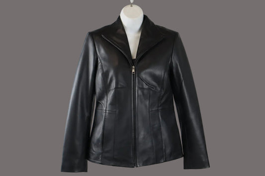 women funnel collar leather jacket
