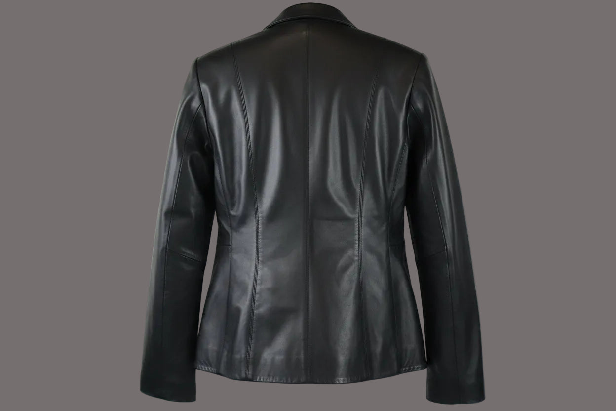 women funnel collar leather jacket