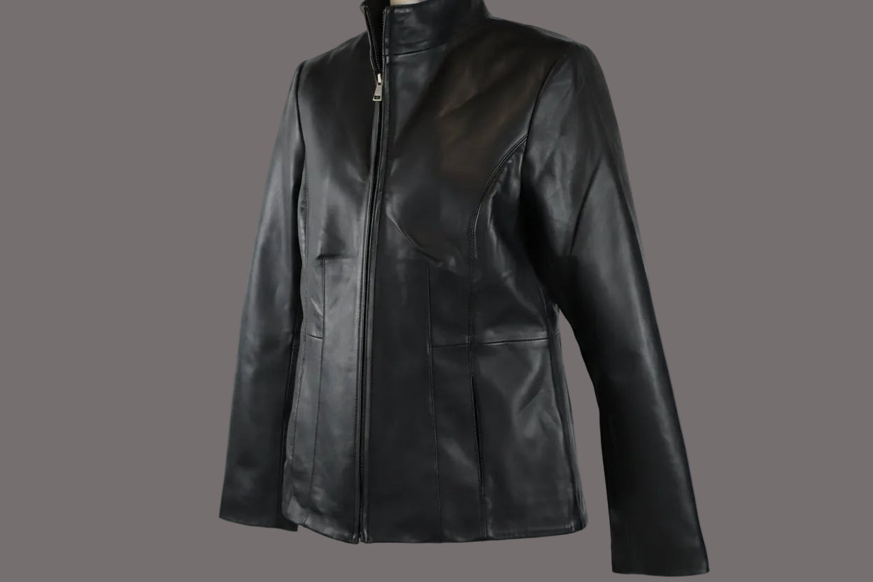 women funnel collar leather jacket