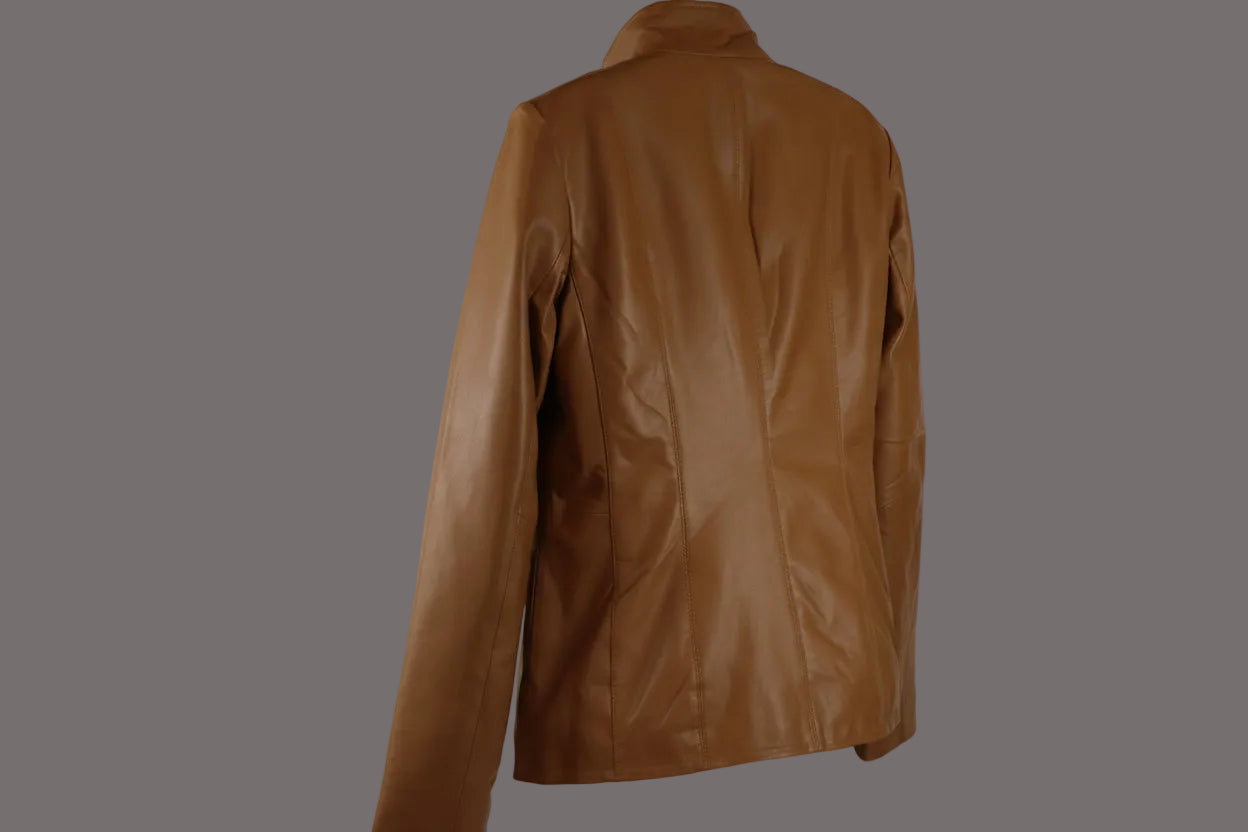 women funnel collar leather jacket