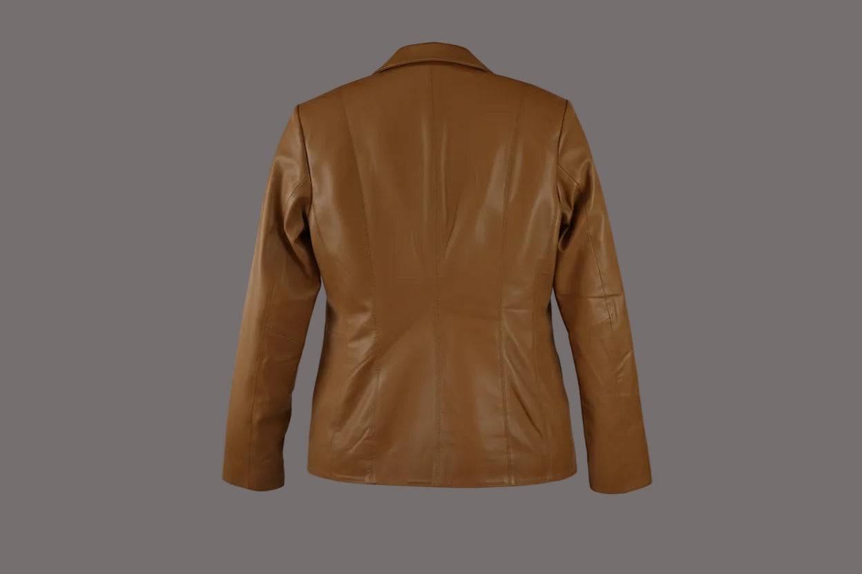 women funnel collar leather jacket