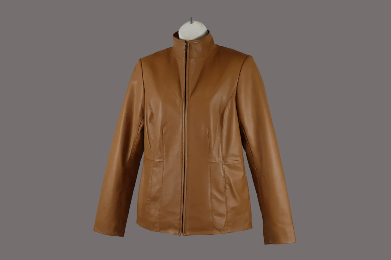 women funnel collar leather jacket