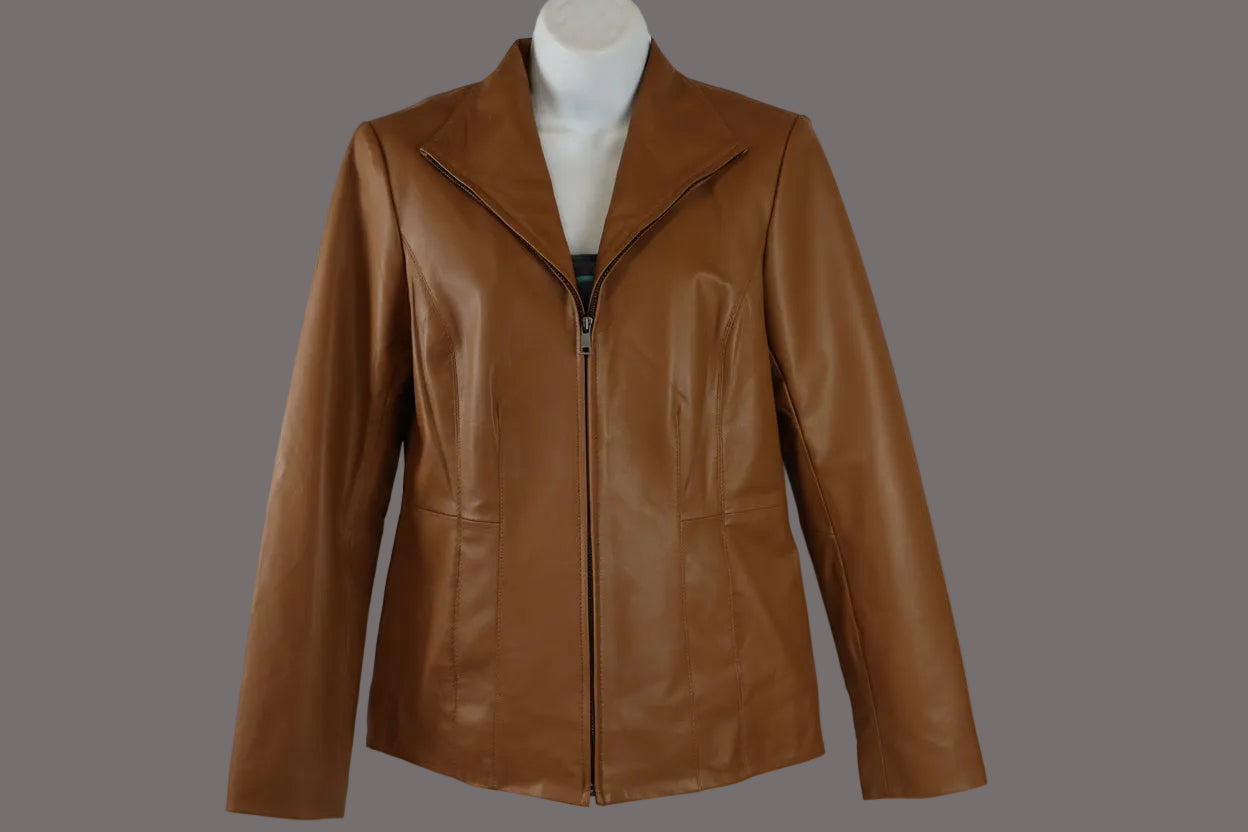 women funnel collar leather jacket