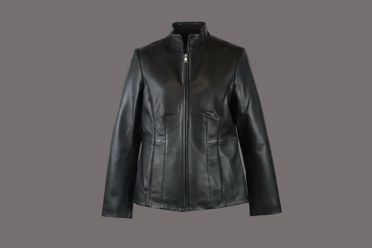 women funnel collar leather jacket