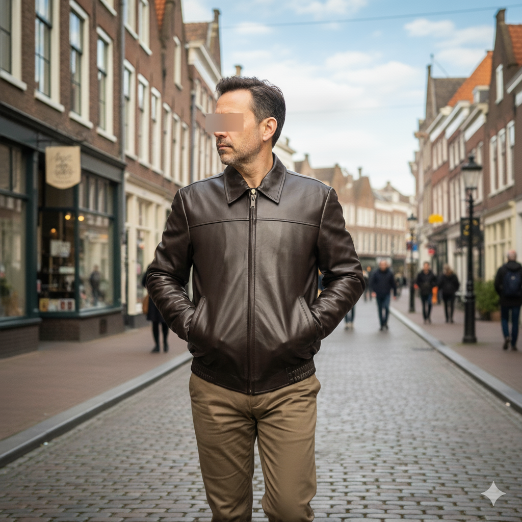 Men Brown classic elastic waist lambskin leather Jacket