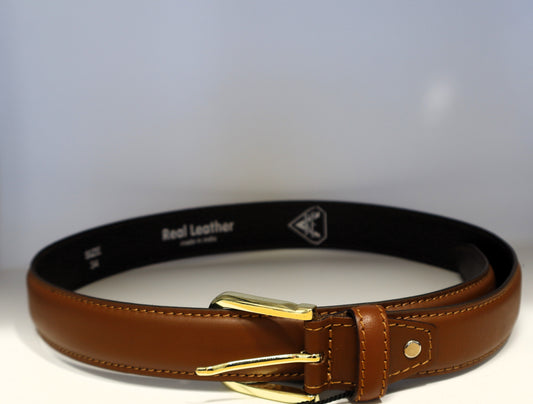 Men’s Cognac Leather Dress Belt - Handcrafted gold buckle Full-Grain Genuine Leather